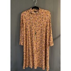 As U Wish 1X Floral Mock Neck Knee Length Dress Mustard Pink Navy 3/4 Sleeve